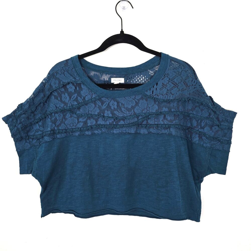 Pilcro Lace Torn Tee Women's XS Teal Blue Romantic Gypsy Summer Boho Chic Beach